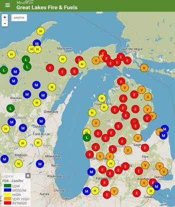 Map of Michigan indicating high, very high and extreme fire danger across much of the state, especially the northern lower peninsula